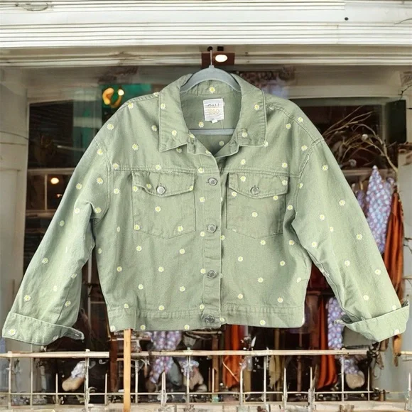Cali 1850 Olive Green Floral Embroidered Jean Trucker Jacket Cropped Daisies L - Picture 1 of 10